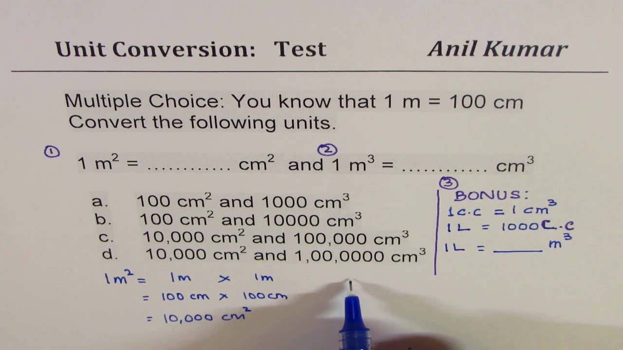 How to apply 1 m = 100 cm to convert units for area and volume in square and cube