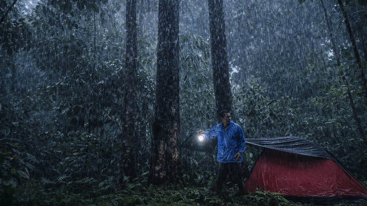  Solo Camping in Heavy Rain | Calm Forest Ambience