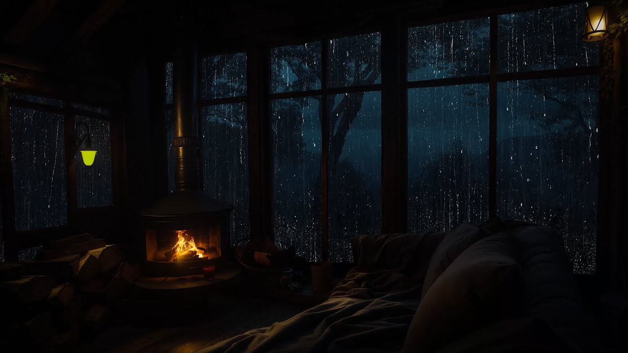 Cozy Cabin Rain Sounds with Fireplace at Night | Deep Relaxing Ambience for Sleep, Study and Focus