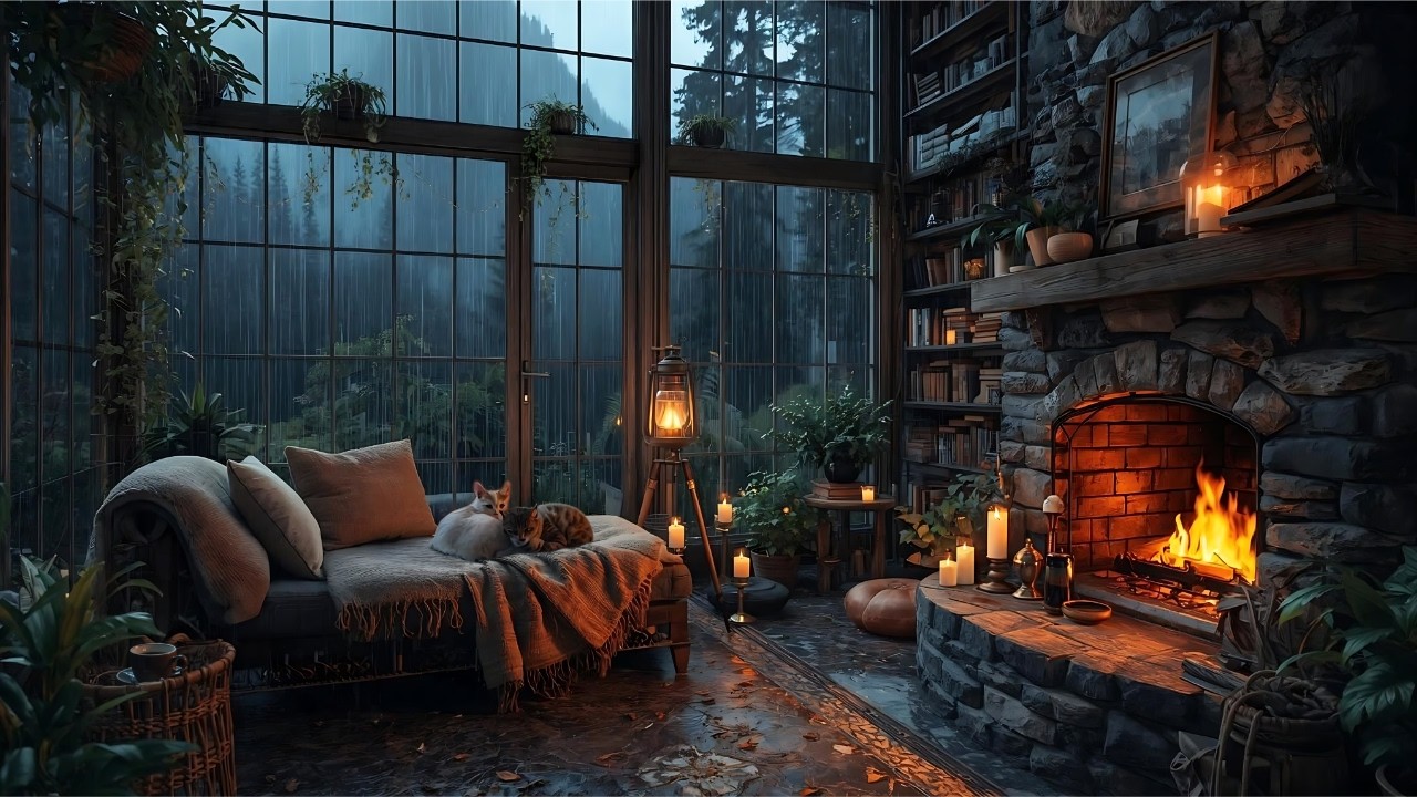 Rainforest Thunderstorm with Crackling Fireplace - Sleep, 4K Ultra HD🔥 Window Rain - Relaxed Cats