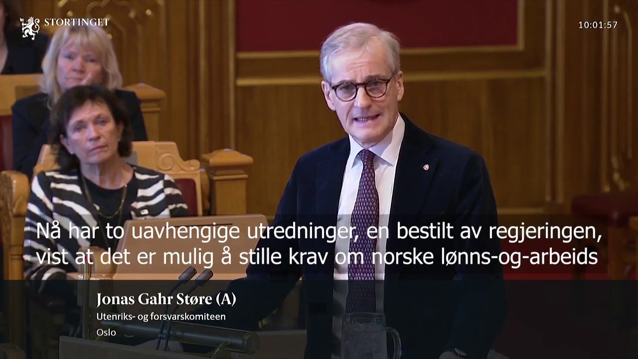 Støre spør Solberg om norske lønns- og arbeidsvilkår i Stortinget 12. februar 2020