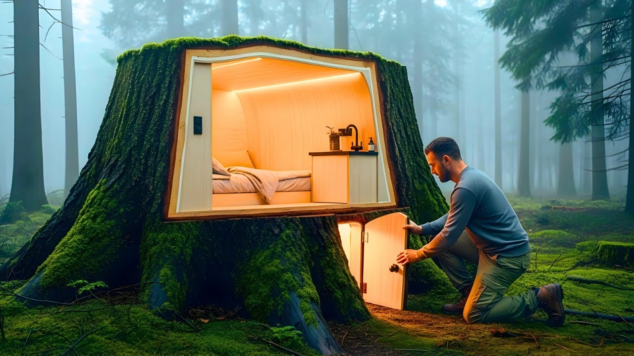 He Built a Solar-Powered Micro House Inside a Hollow Stump (ASMR)