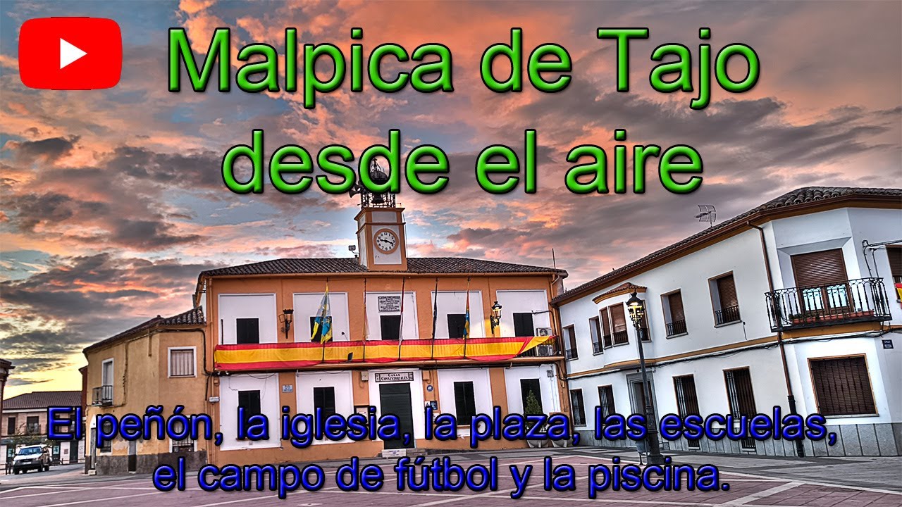Malpica de Tajo desde el aire: El peñón, la iglesia, la plaza, las escuelas y la piscina