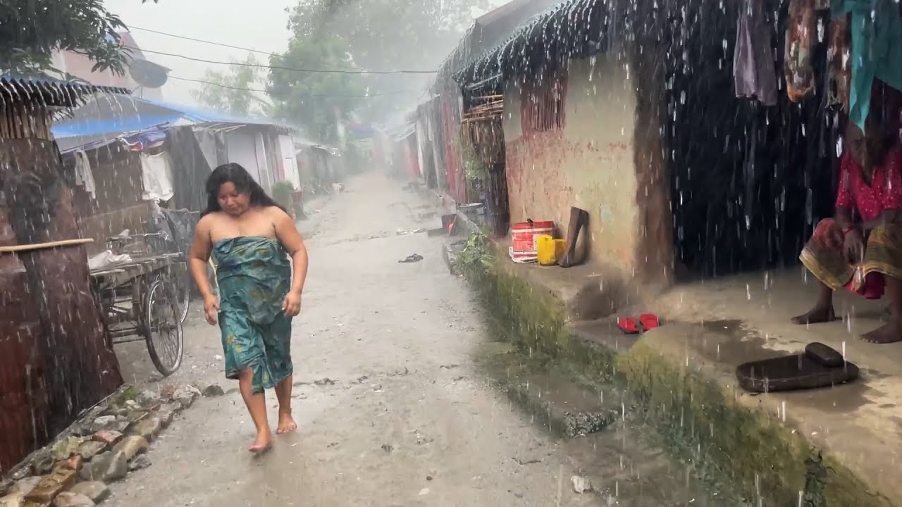 Caring Cattle-Farm and Visiting Crowded Village Houses in heavy rain