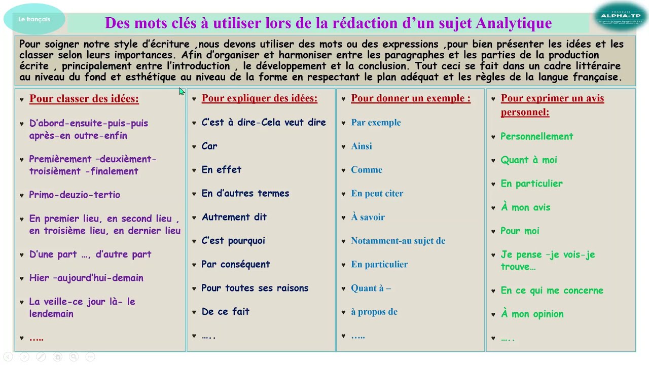 Les mots clés pour rédiger un sujet analytique