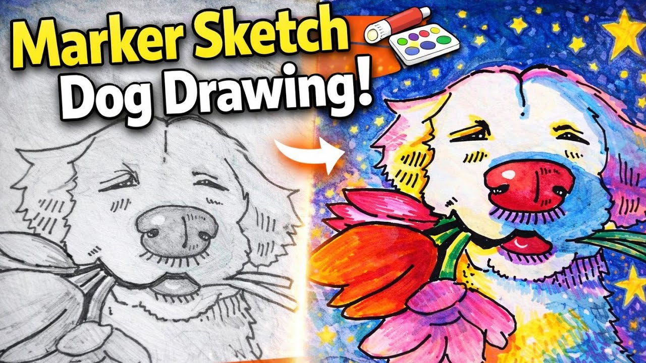 Marker Sketch Dog Drawing 🎨🐶 | Easy Step-by-Step Art Tutorial