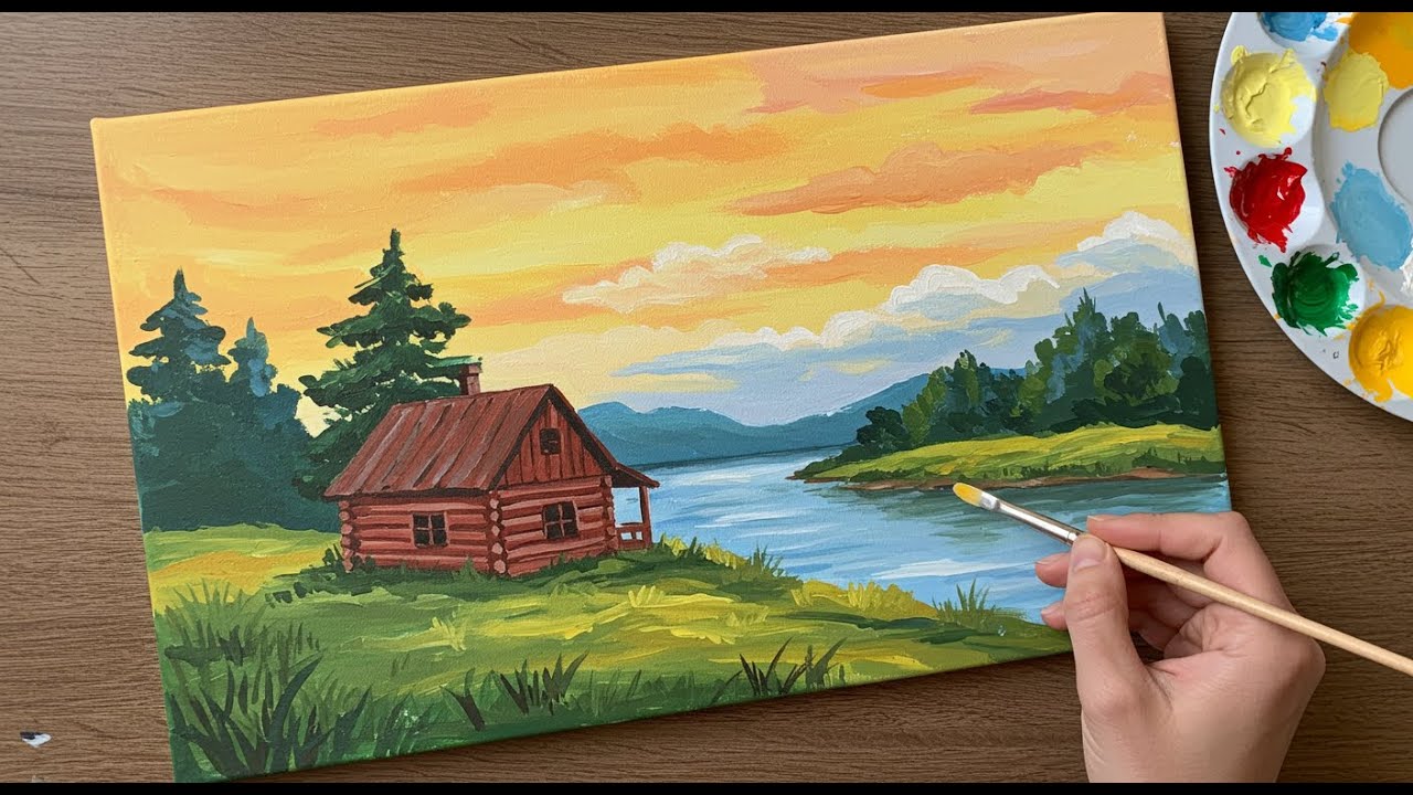 Cabin Acrylic Painting with Lake | Best Acrylic Painting Tutorial