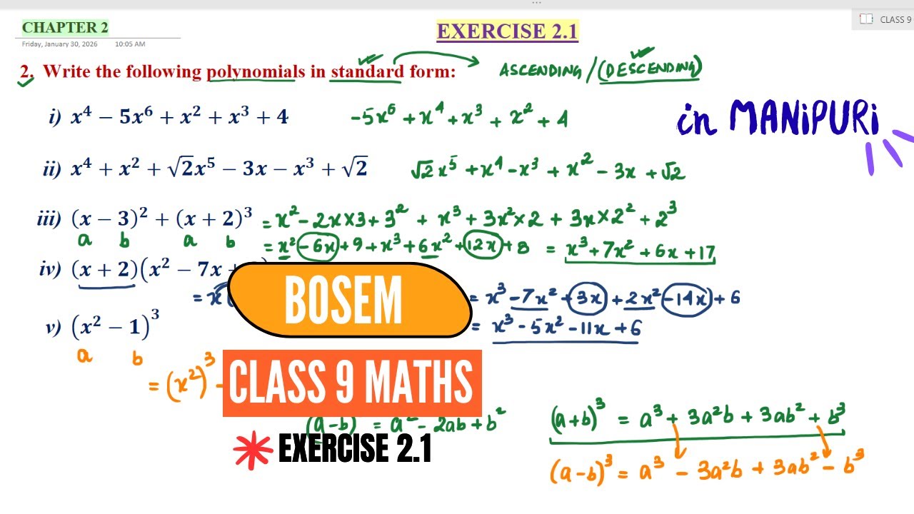 Ch-2 Ex. 2.1 Q2. Write the following polynomials in standard form || BOSEM || MATHEMATICS || CLASS 9