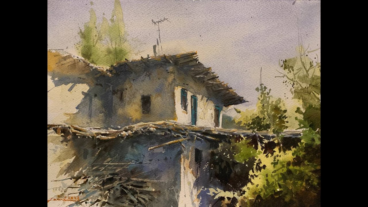 Watercolor painting cityscape.Old building