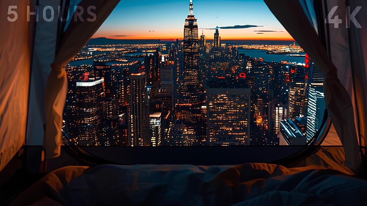Camping on Top of New York Skycraper inside a Tent | 5 HOURS | Perfect for Sleep & Study | 4K