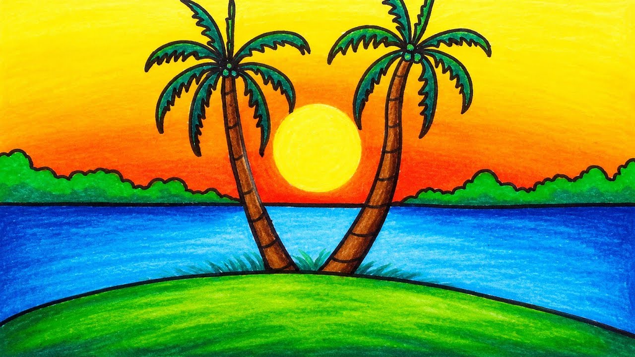 Scenery Drawing | Drawing Sunset Scenery Step by Step with Oil Pastels