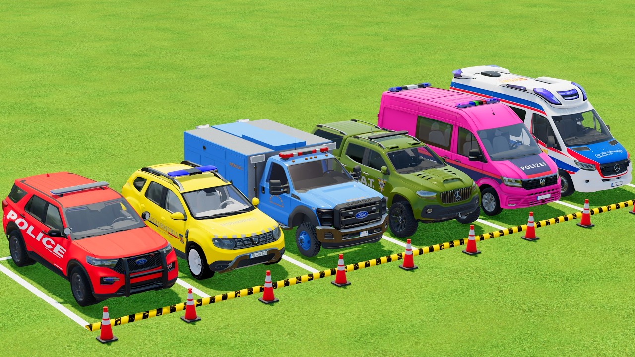 TRANSPORTING POLICE CARS, AMBULANCE, FIRE TRUCK, COLORFUL CARS WITH TRAIN - FARMING SIMULATOR 22 #18