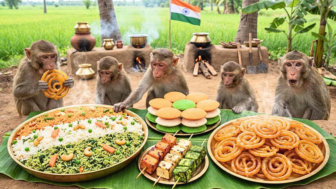 बंदरों ने मिलकर बनाया तिरंगा खाना 😱 | Monkeys Cook Tiranga Pulao, Idli, Paneer Tikka & Jalebi