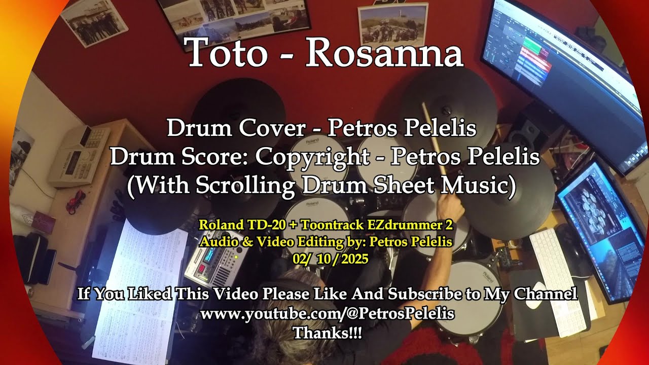 Toto - Rosanna - Drum Cover By Petros Pelelis (with scrolling Drum sheet Music)