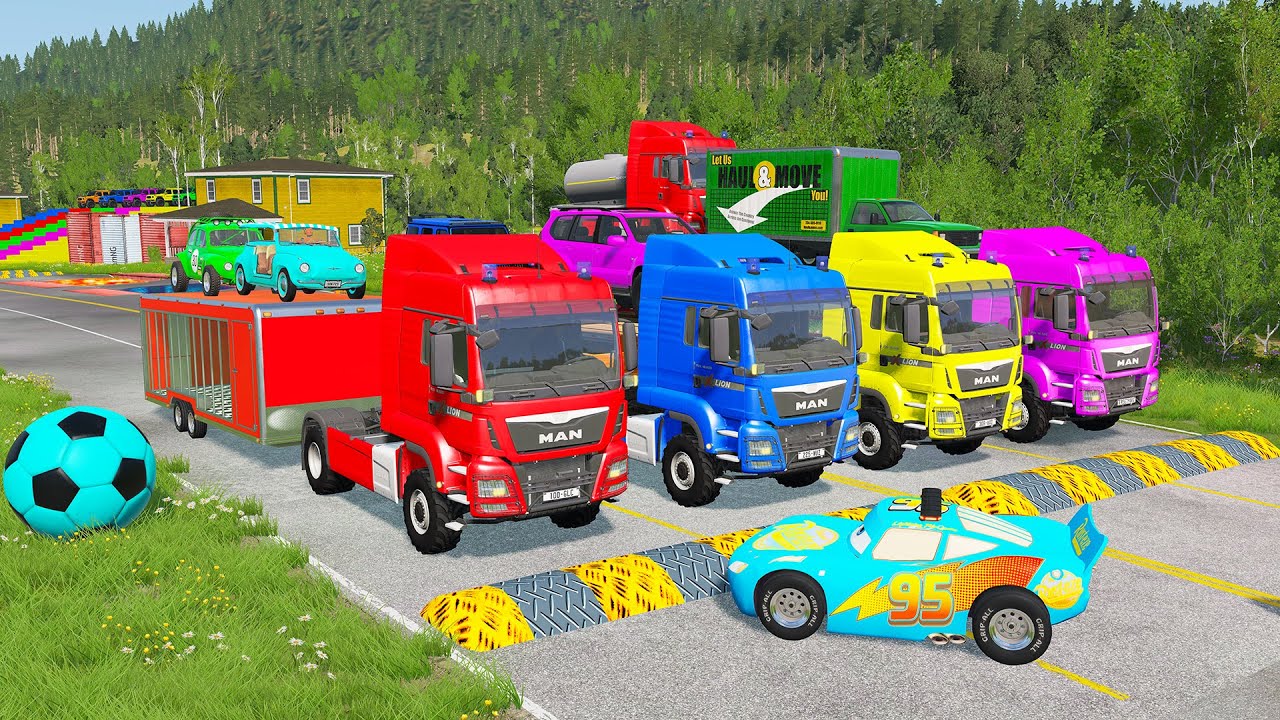 TRANSPORTING PIXAR CARS & FRUITS WITH COLORED & JOHN DEERE vs CLAAS vs TRACTORS - BeamNG.drive #983