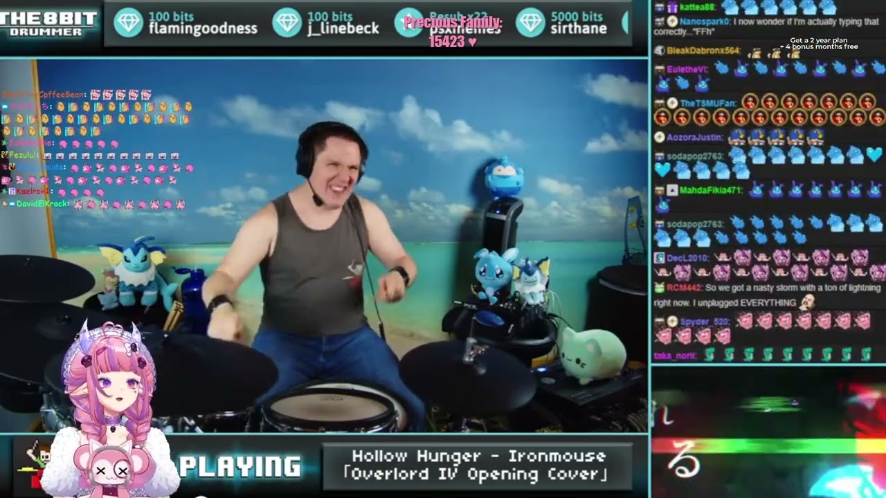Ironmouse reacts to The8BitDrummer playing Hollow Hunger - Ironmouse「Overlord IV Opening Cover」