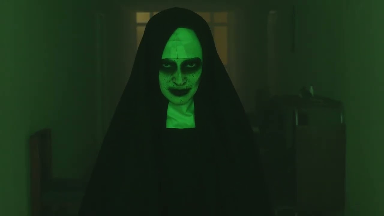 Creepy ghost nun walking looking at the camera