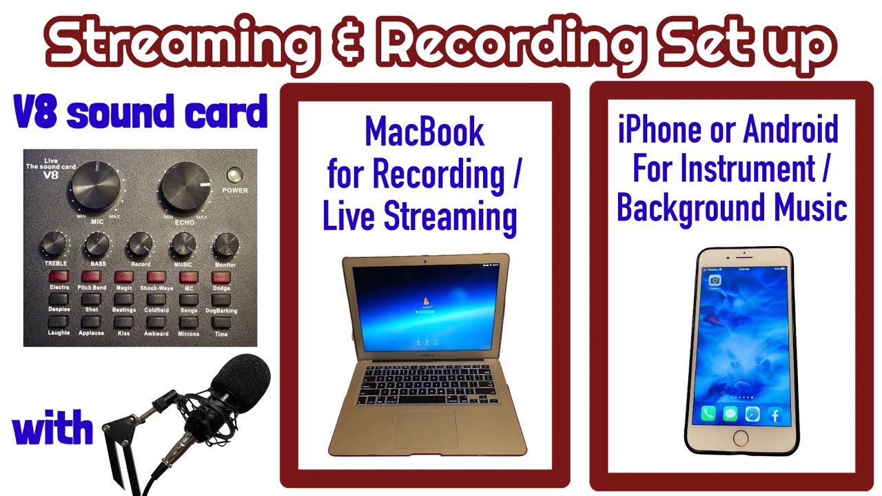 V8 Sound Card - Recording / Streaming from MacBook & Background Music from iPhone/Android or MacBook