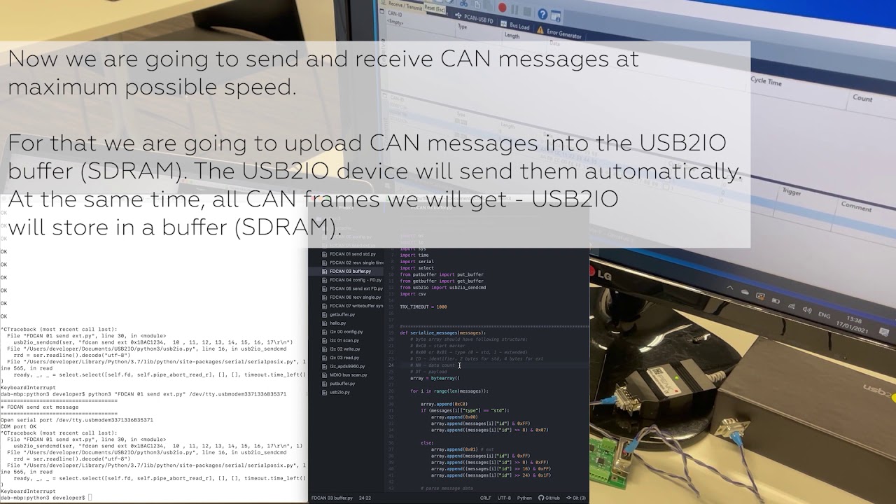 USB2IO interface explorer: CAN (+FD) bus communication demo