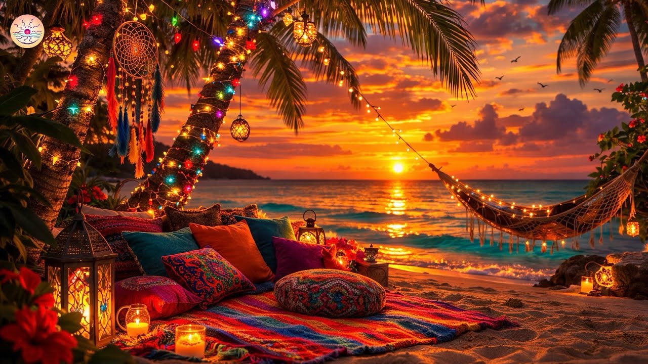 Tropical Hammok Sunset | Relaxing Music Ocean Waves & Cozy Candlelight for Sleep, Focus & Quiet Mind