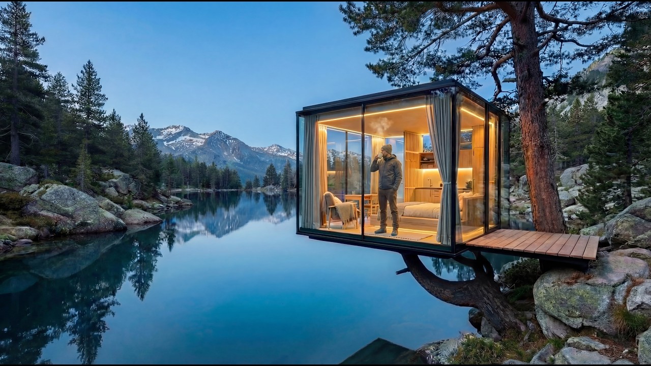 One man builds a floating glass cabin in the mountains (ASMR)