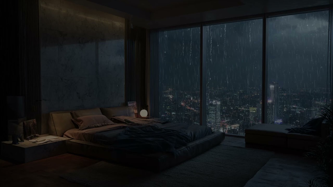 Thunder Above The Skyline ⛈️ Raindrops Racing Down The Towering Window Panes