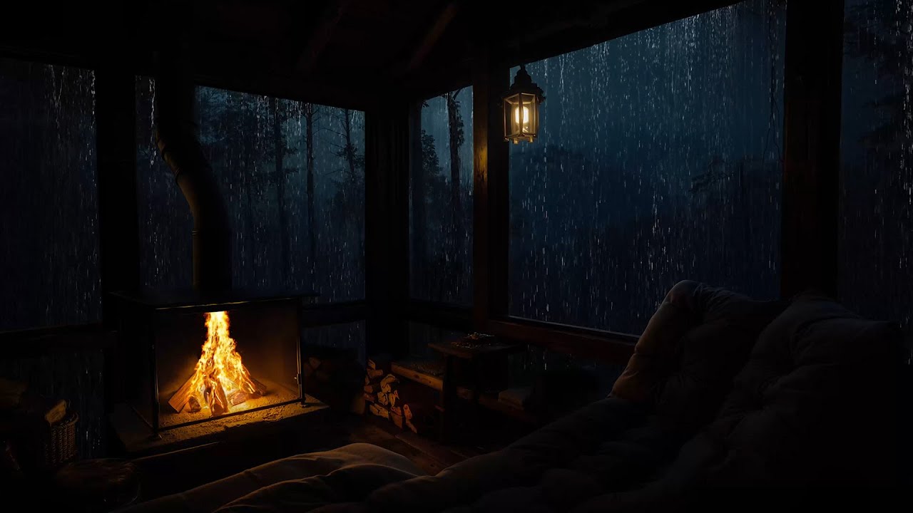 Gentle Rain on Cabin Roof with Fireplace | Cozy Night Ambience for Relaxing and Deep Focus