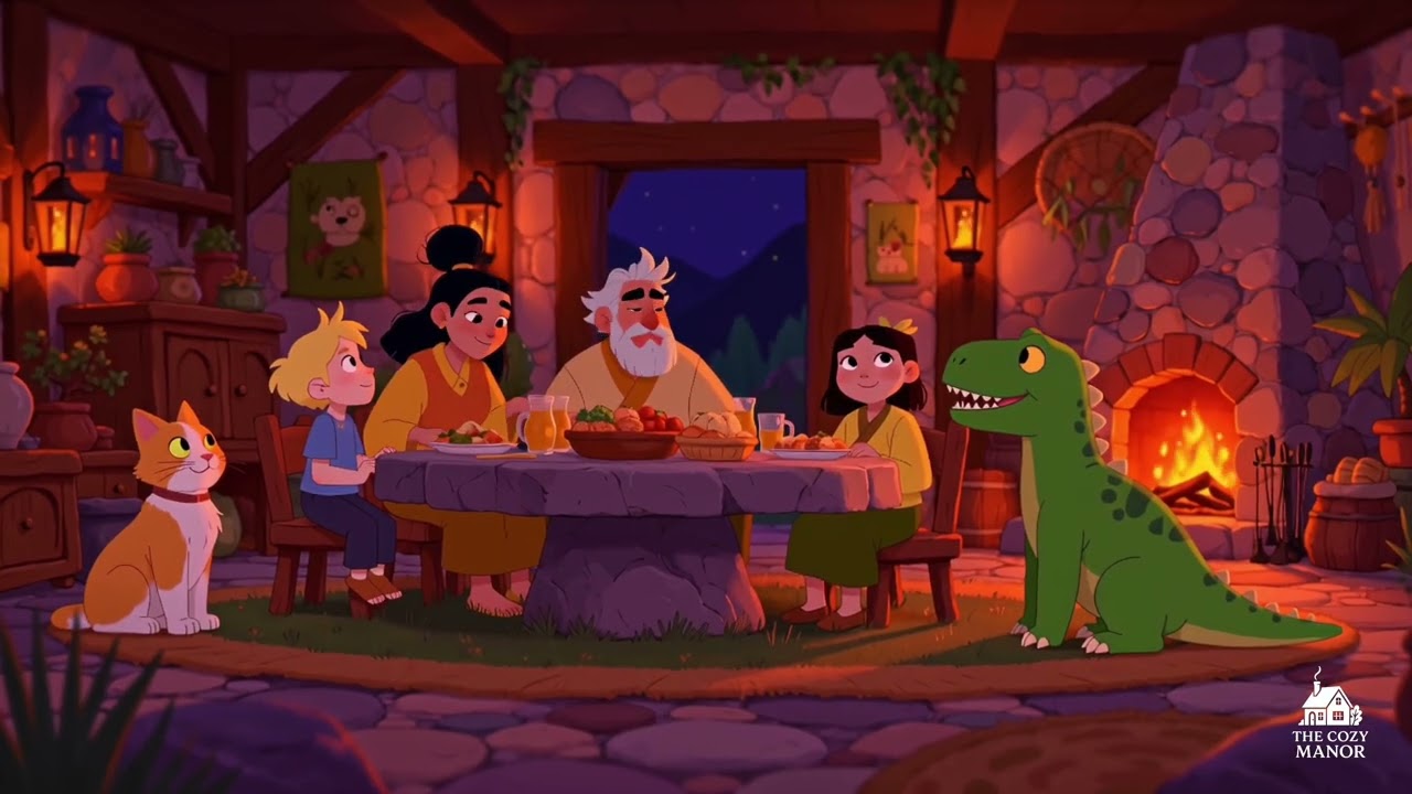 4 Hours of Cozy Fireplace | A Warm Family Evening with Dinosaurs (4K)
