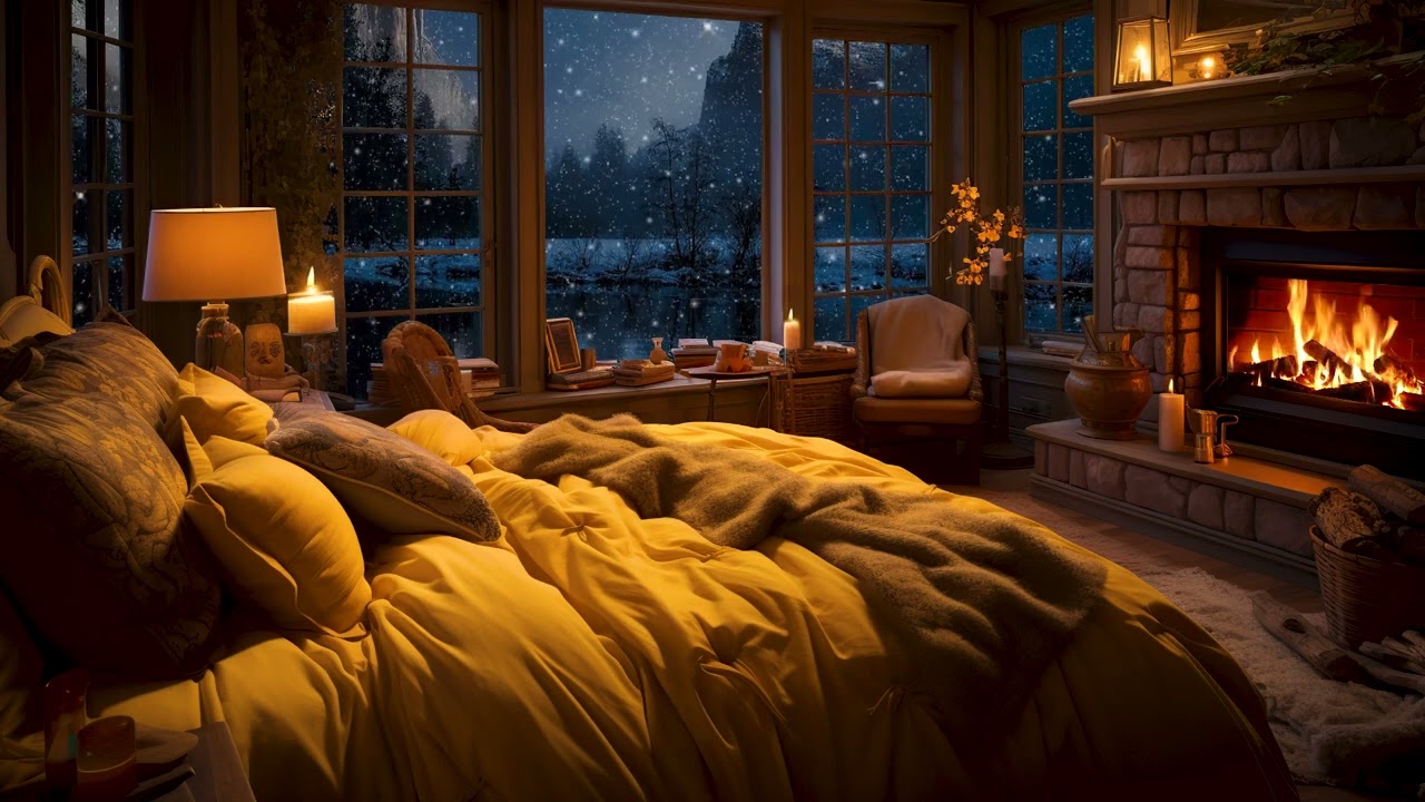 Cozy Bedroom Jazz: Relieve Stress & Drift into Dreams in a 🪞 Fireplace Ambience on Snowy Nights❄️😴