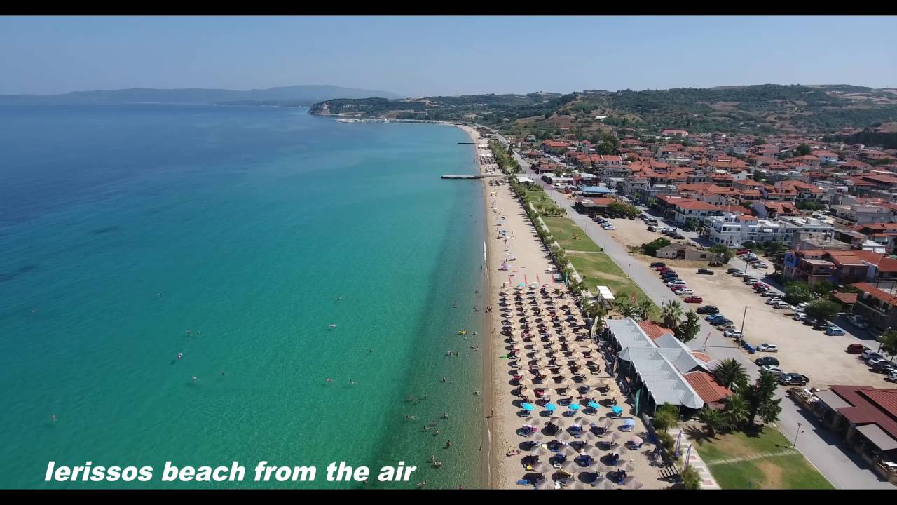 Jerisos Grcka .Atos.Jerisos  plaža iz vazduha .Ierissos beach from the air 4K