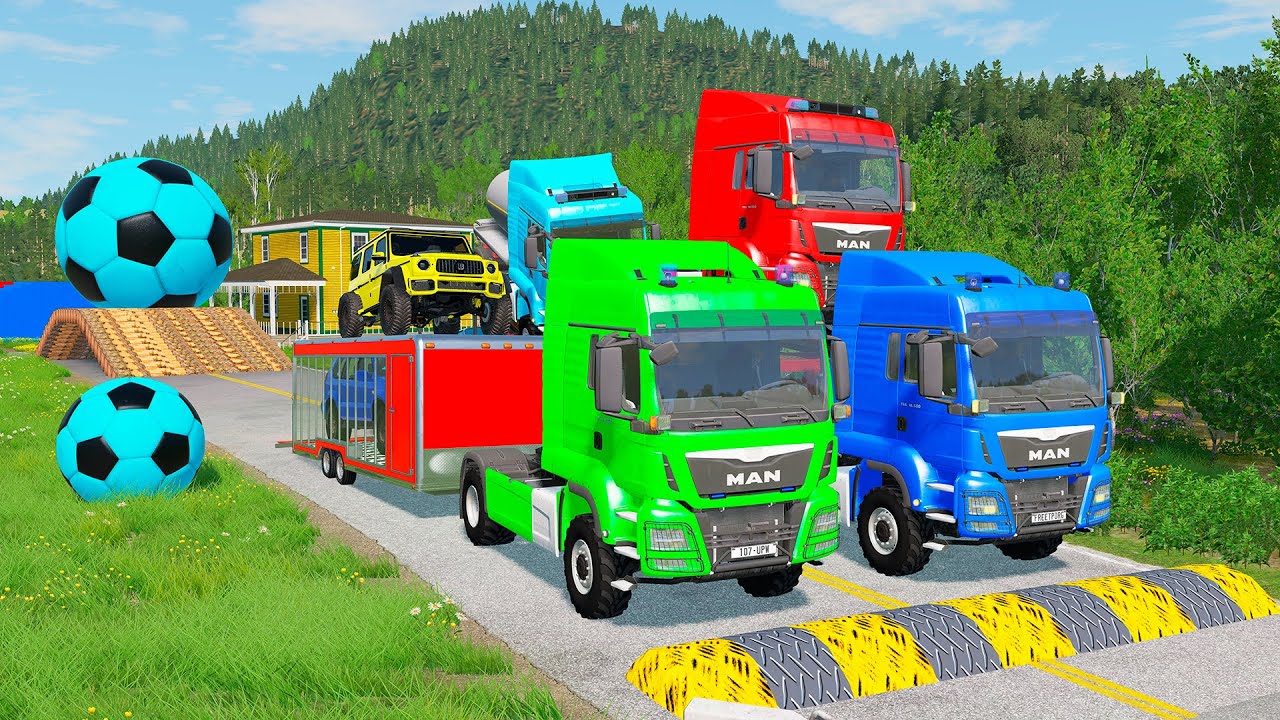 Double Flatbed Trailer Truck vs Speedbumps Train vs Cars | Tractor vs Train Beamng.Drive 0128