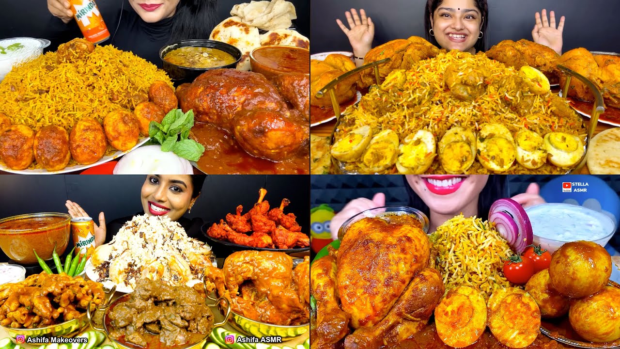 Asmr:Eating Spicy Chicken Biryani With Whole Chicken Curry,Chicken Feet Curry,Egg Curry,Kaleji Curry