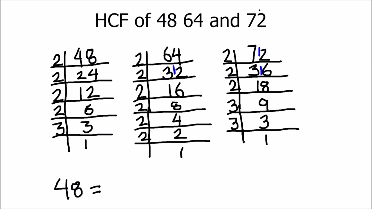 How to find HCF of 48 64 and 72 / 48 64 and 72 ka hcf / hcf of 48 64 & 72  by prime factorization