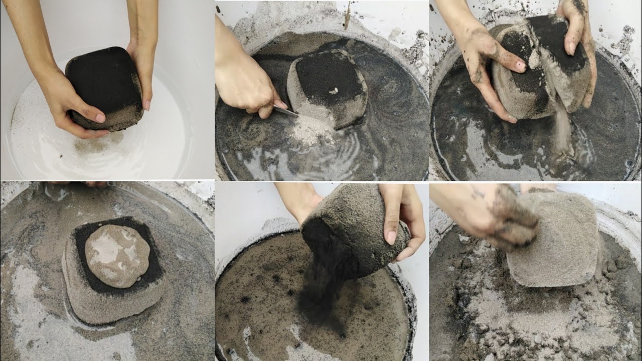 Asmr Soft Sand cement coated with charcoal crumbles+dipping+rubing+cutting+scratching+shave in water