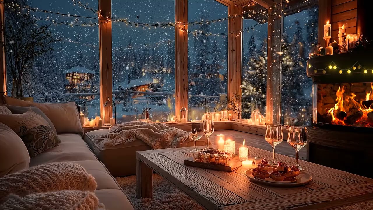 Soothing Winter Piano  Snowfall & Fireplace Ambience for Relaxing Night