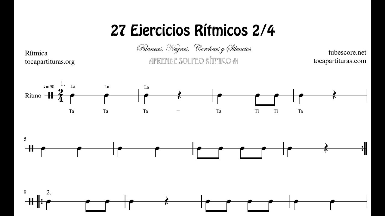 27 Ejercicios Compás 2/4 Aprende Lenguaje Musical Rítmica