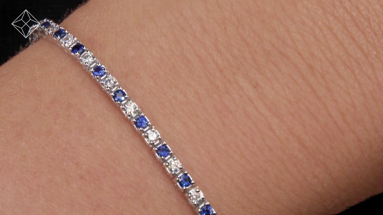 J3364 - BLUE SAPPHIRE AND 1CT DIAMOND TENNIS BRACELET IN 18K WHITE GOLD