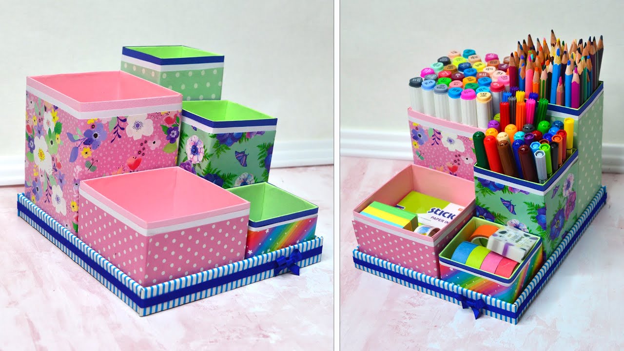 How to make a desk organizer for stationery // Cardboard recycling