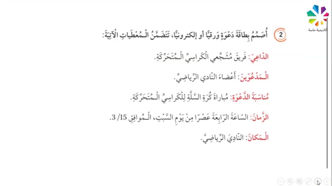 كتابةبطاقة الدعوة  الوحدة السابعة / الصف الرابع/الفصل الثاني /مجدولين الحريري