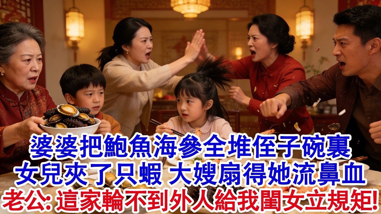 年夜飯婆婆把鮑魚海參全堆侄子碗裏，讓我女兒吃剩菜，女兒夾了只蝦，大嫂扇得她流鼻血：賤骨頭，眼皮子真淺！我反手回击，老公掀桌：這家輪不到外人給我閨女立規矩​#婆媳 #家庭 #婚姻 #情感故事 #為人處世