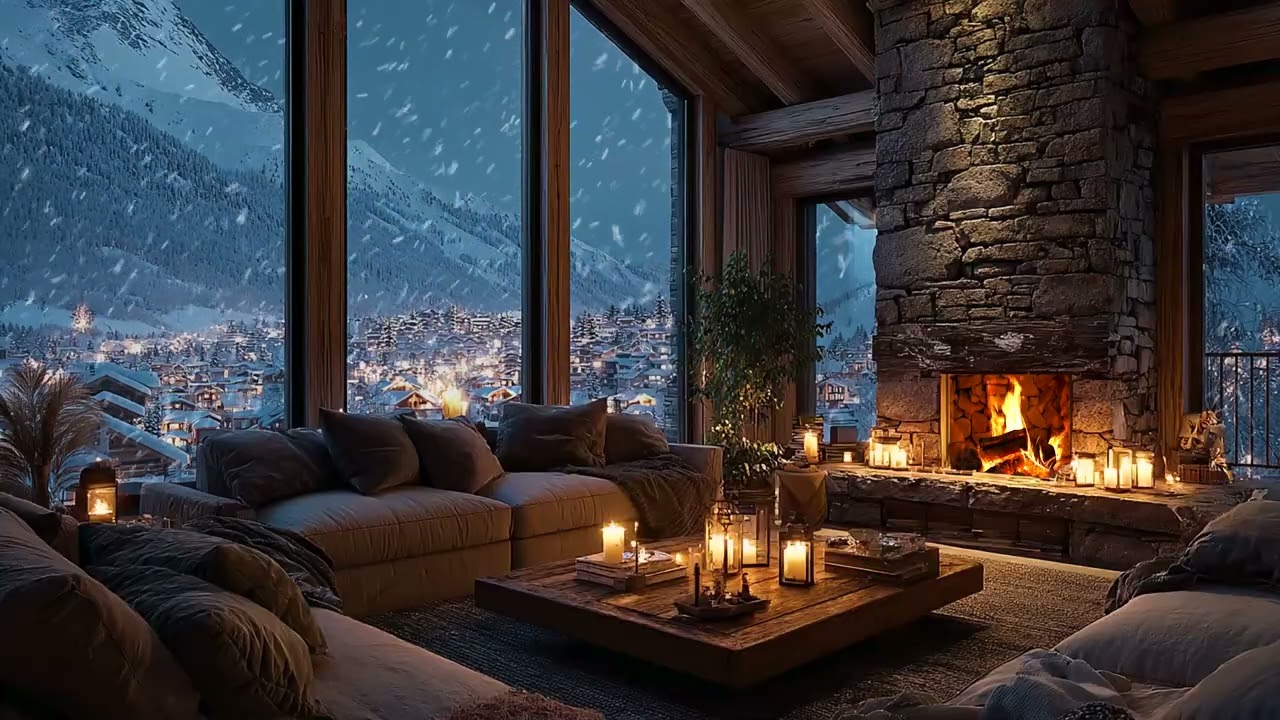 Tranquil Snowy Cabin Night Ambience with Fireplace Crackling for Calm Sleep and Relaxation