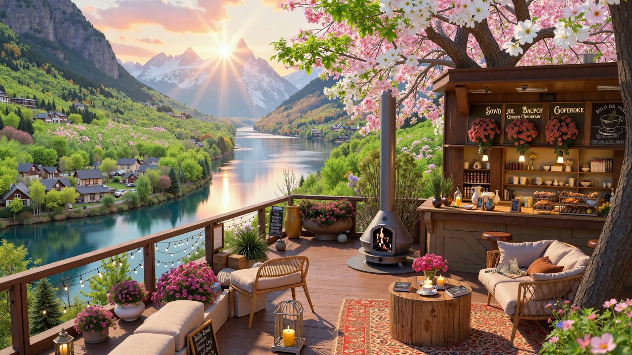 Spring Jazz Music on a Scenic Terrace Ambience 🌸 Sunrise Lake & Mountain View with Fireplace Sounds