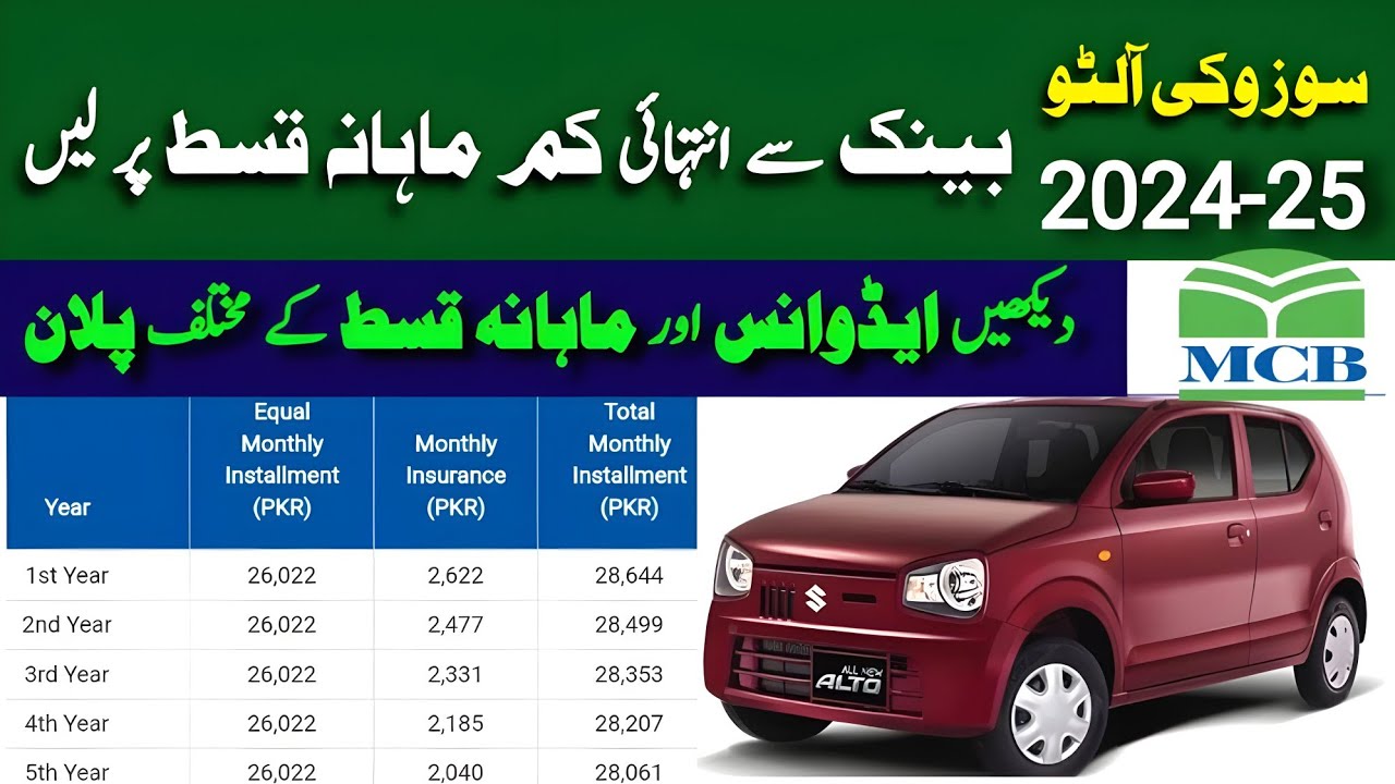 Suzuki Alto Monthly Installment Plan 2024-25 || Car Installments Plan || MCB Car4U