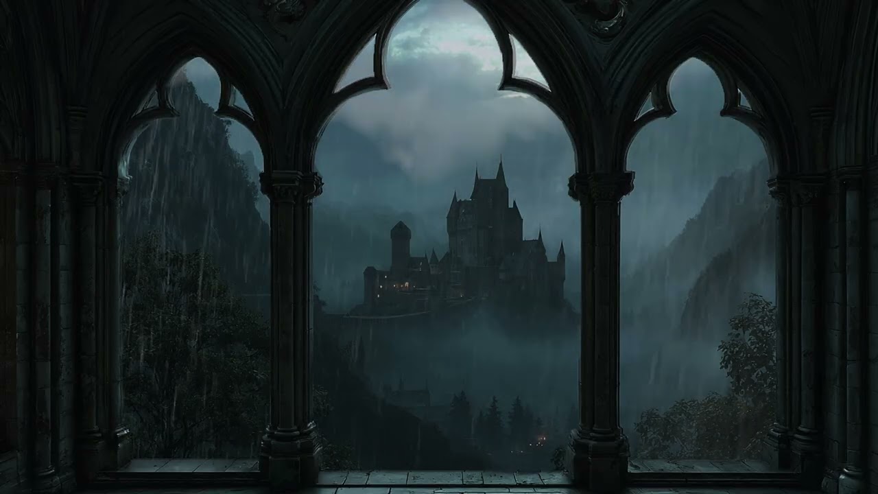 4K Rainy Forest Castle Window View &ndash; Cozy Thunderstorm Sounds &ndash; Ambience for Reading & Deep Sleep