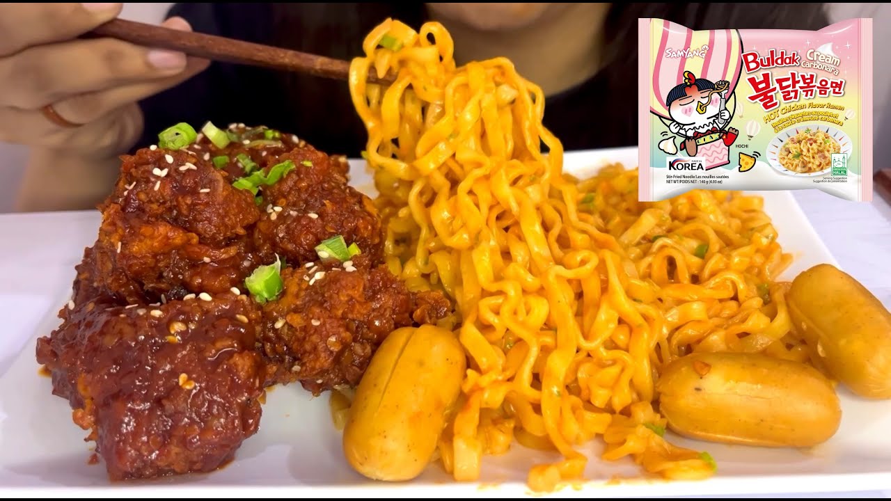 Mukbang | Buldak Cream Carbonara with Spicy Korean wings and Sausages 🍜🍗✨🔥