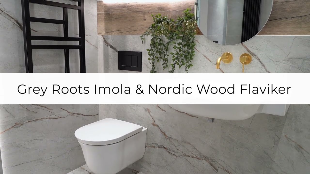 Aranżacja szary kamień Grey Roots Imola z drewnem Nordic Wood Flaviker Salon HOFF