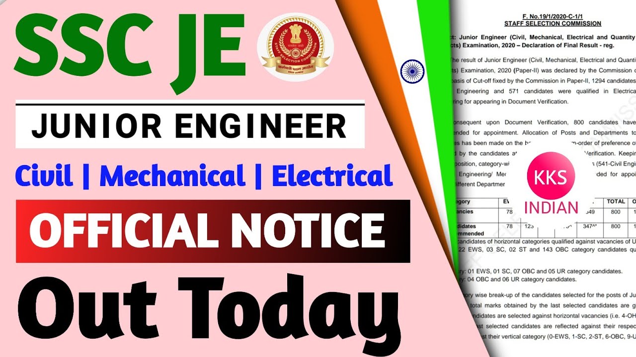 SSC JE Official Notice Today | SSC JE Junior Engineer Civil Mechanical SSC JE 2020 Result Cut Off