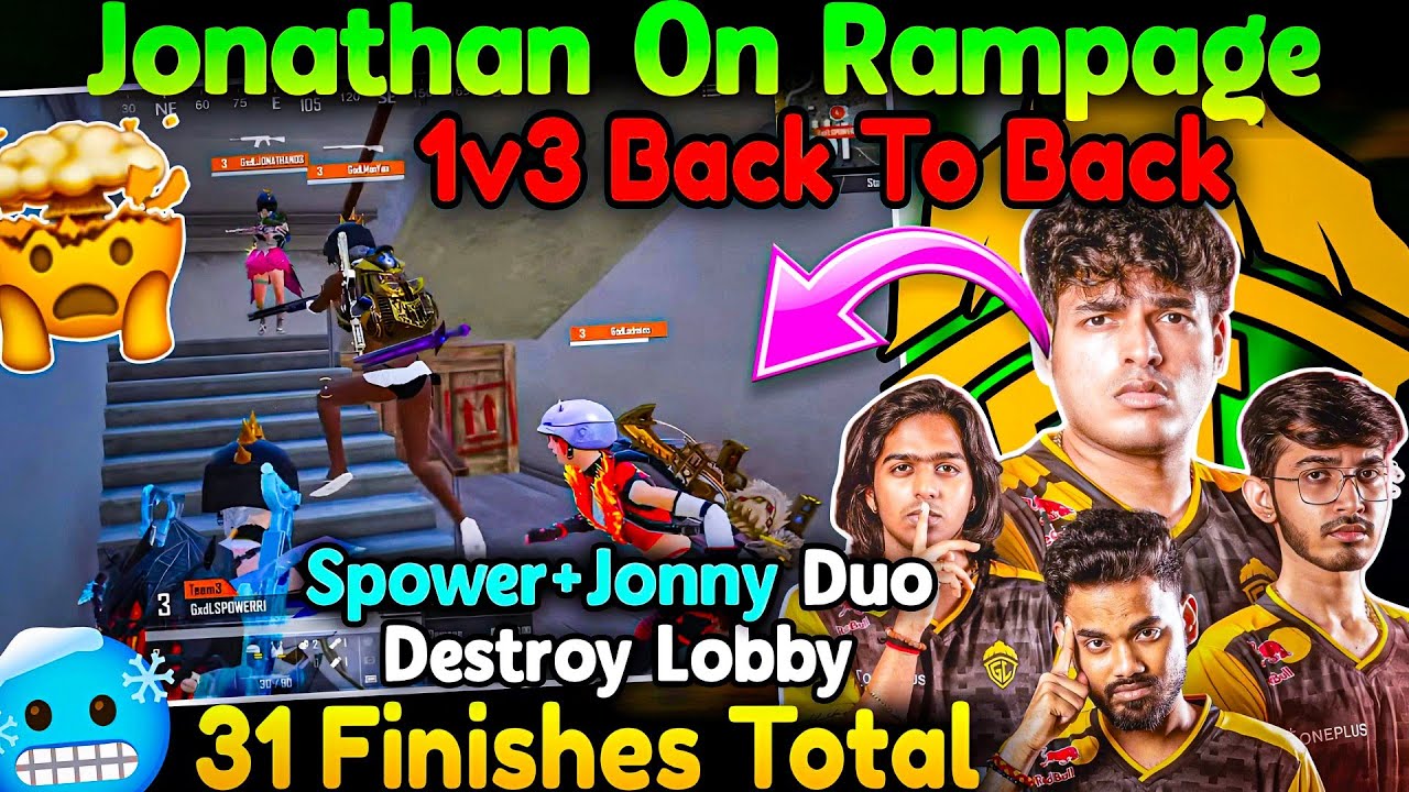 🇮🇳Jonathan On Rampage🥵Back To Back 1v3🥶31 Finishes Total😱Spower+Jonny Duo Destroy Lobby🤯