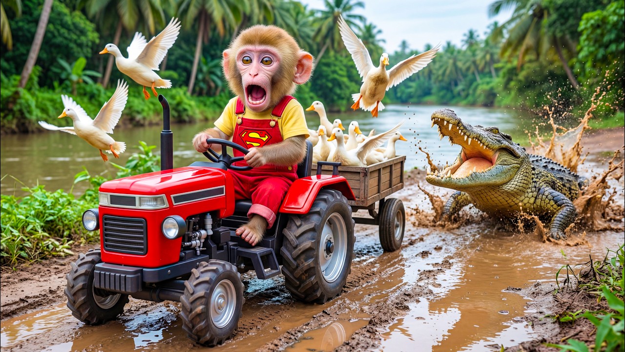 Monkey Farmer Drives Tractor to Save Ducklings&hellip; Hunted by Savage Crocodile in Heart-Stopping Escape