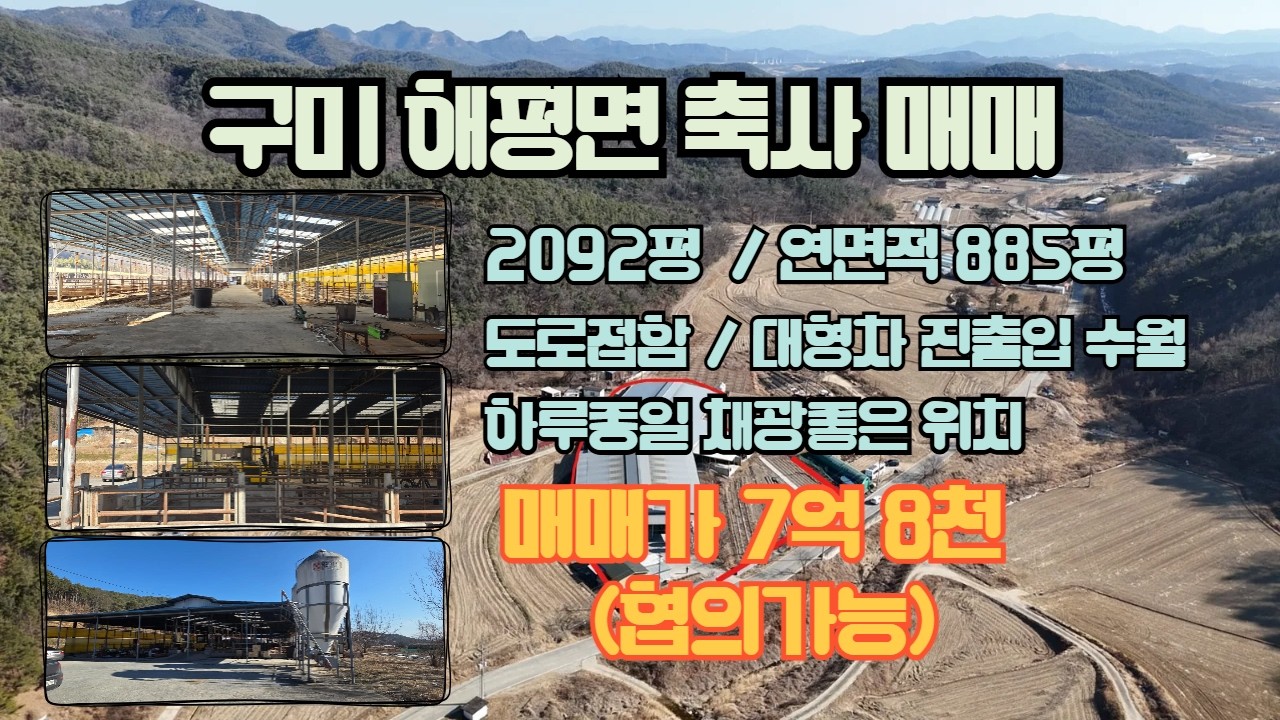 가격내림   구미 해평면 우사매매 구미 축사매매 바로도로접함 면적 2092평 기반시설 완비 농림지역 기존축사로 바로운영가능 신규축사 허가어려운요즘구미 우사매매 해평면 축사매매